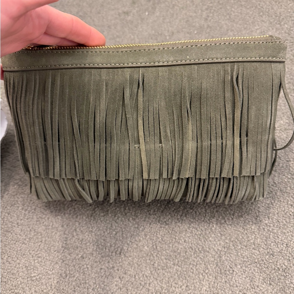 India Hicks Dougal Fringe Clutch in olive Green, NWT and in original packaging.
